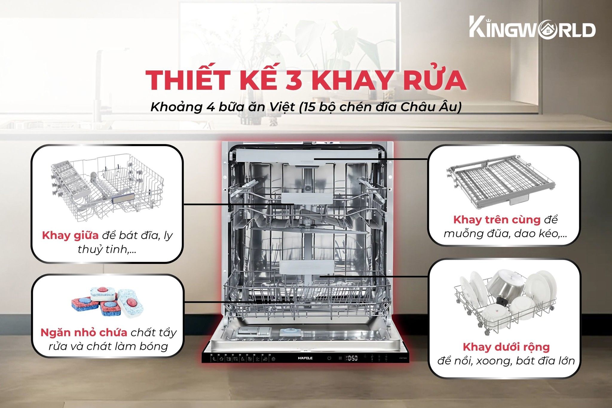 Máy rửa chén&nbsp;Hafele HDW-FI60D thiết kế 3 khay rửa rộng rãi