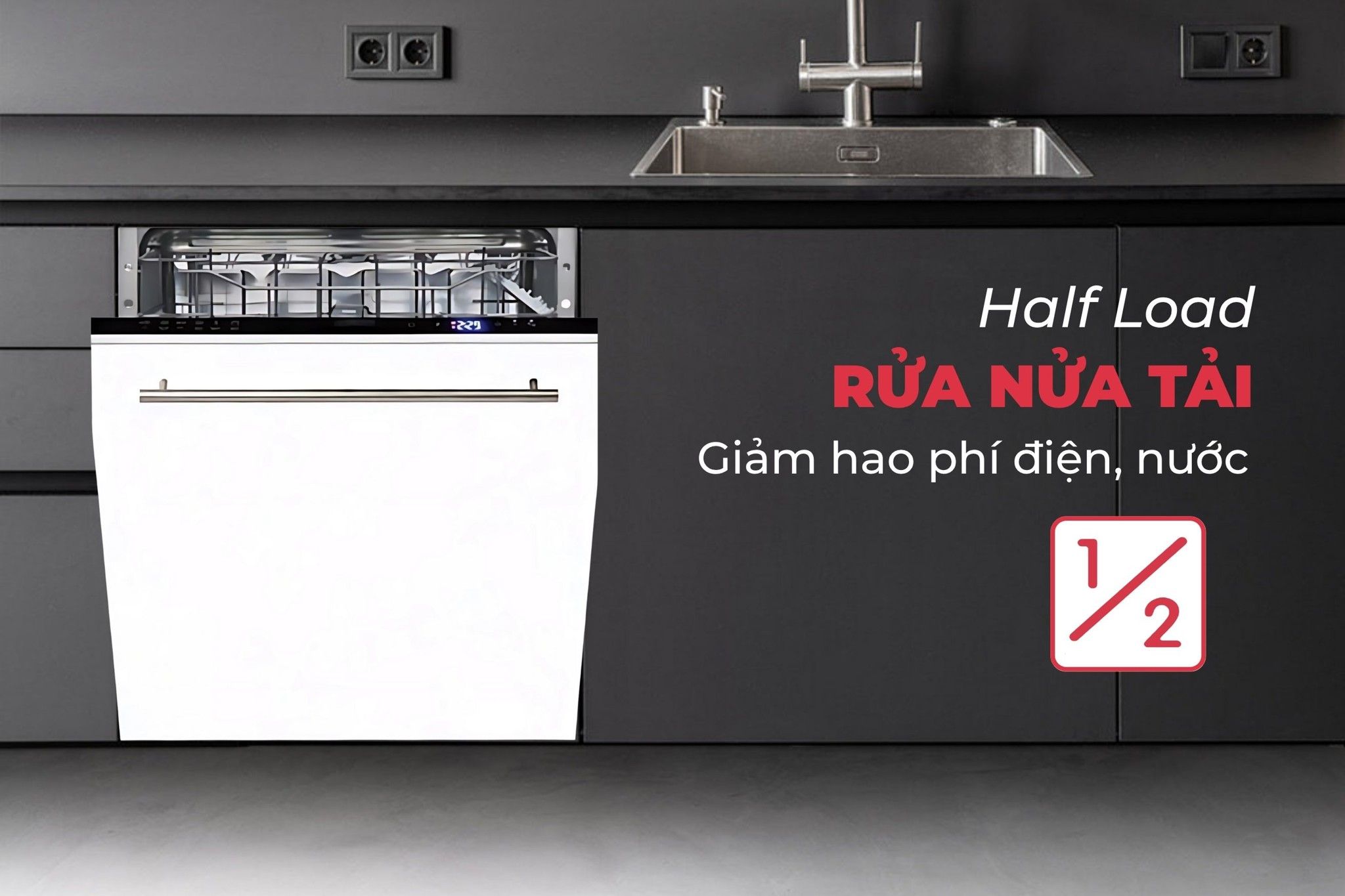 Máy rửa chén&nbsp;Hafele HDW-FI60D rửa nửa tải tiết kiệm đáng kể