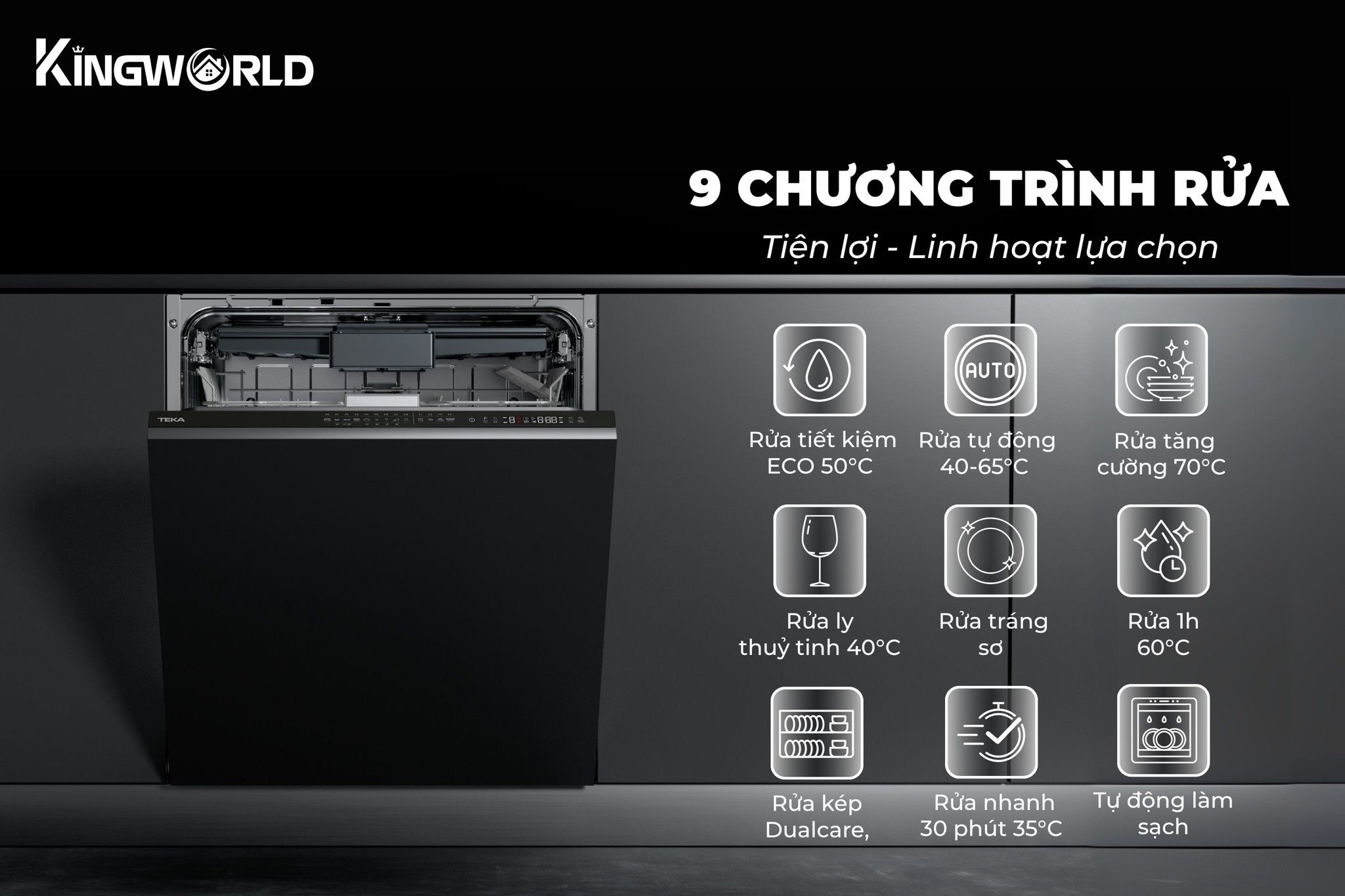 9 chương trình rửa và 6 mức nhiệt độ khác nhau
