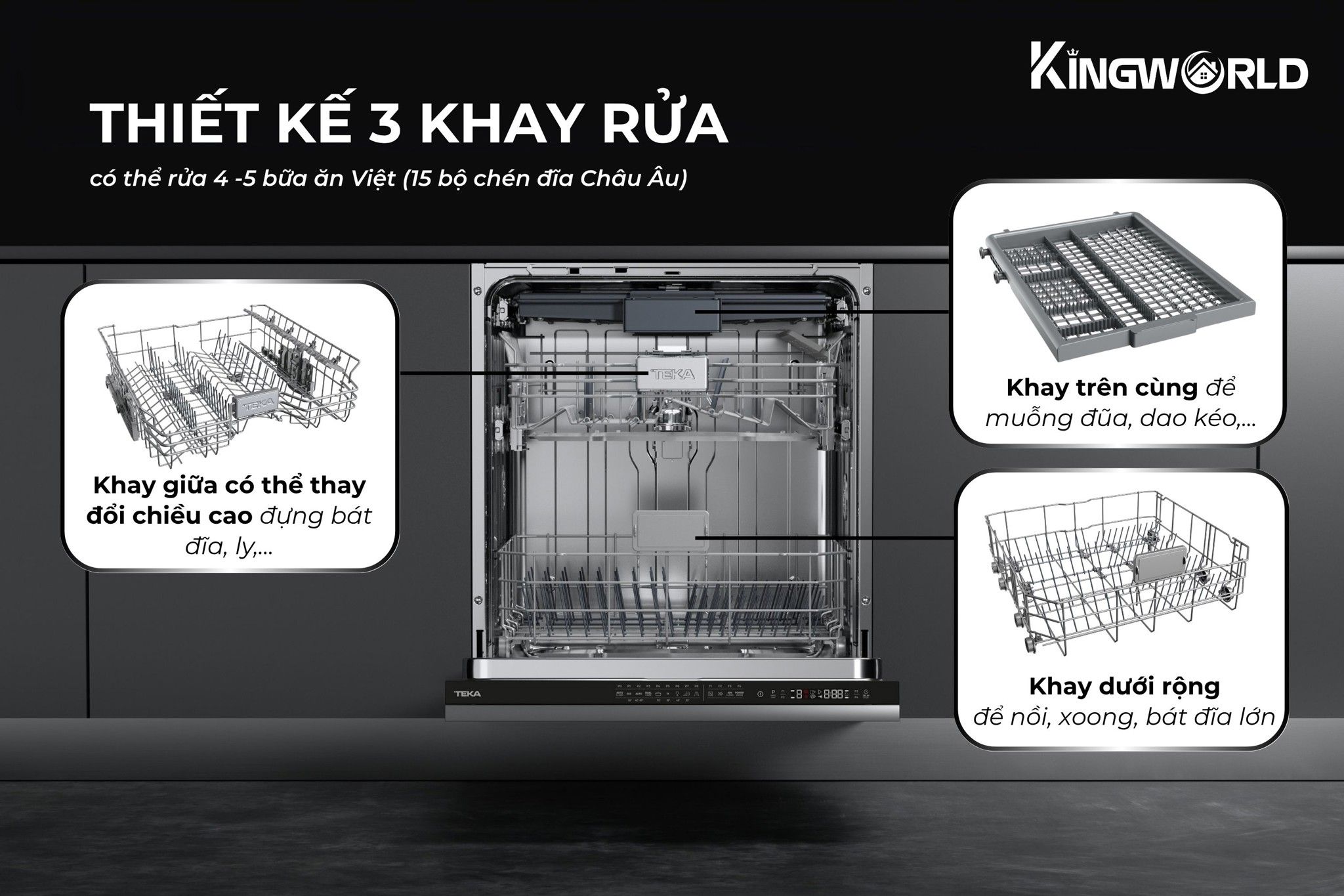 Teka DFI 76950 thiết kế 3 khay rửa chứa được 15 bộ chén dĩa