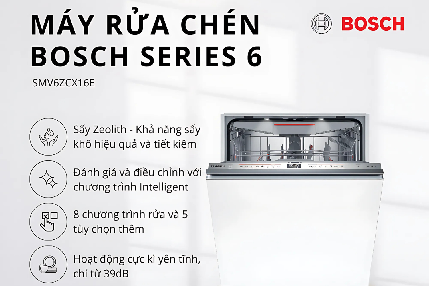 Máy rửa bát Bosch Series 6 trang bị nhiều tiện ích hỗ trợ người dùng