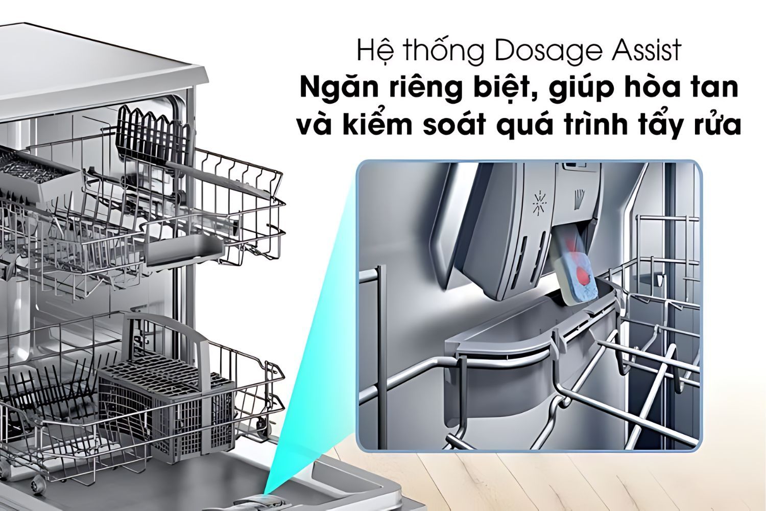 Ngăn chứa riêng biệt giúp hoà tan chất tẩy rửa một cách hiệu quả