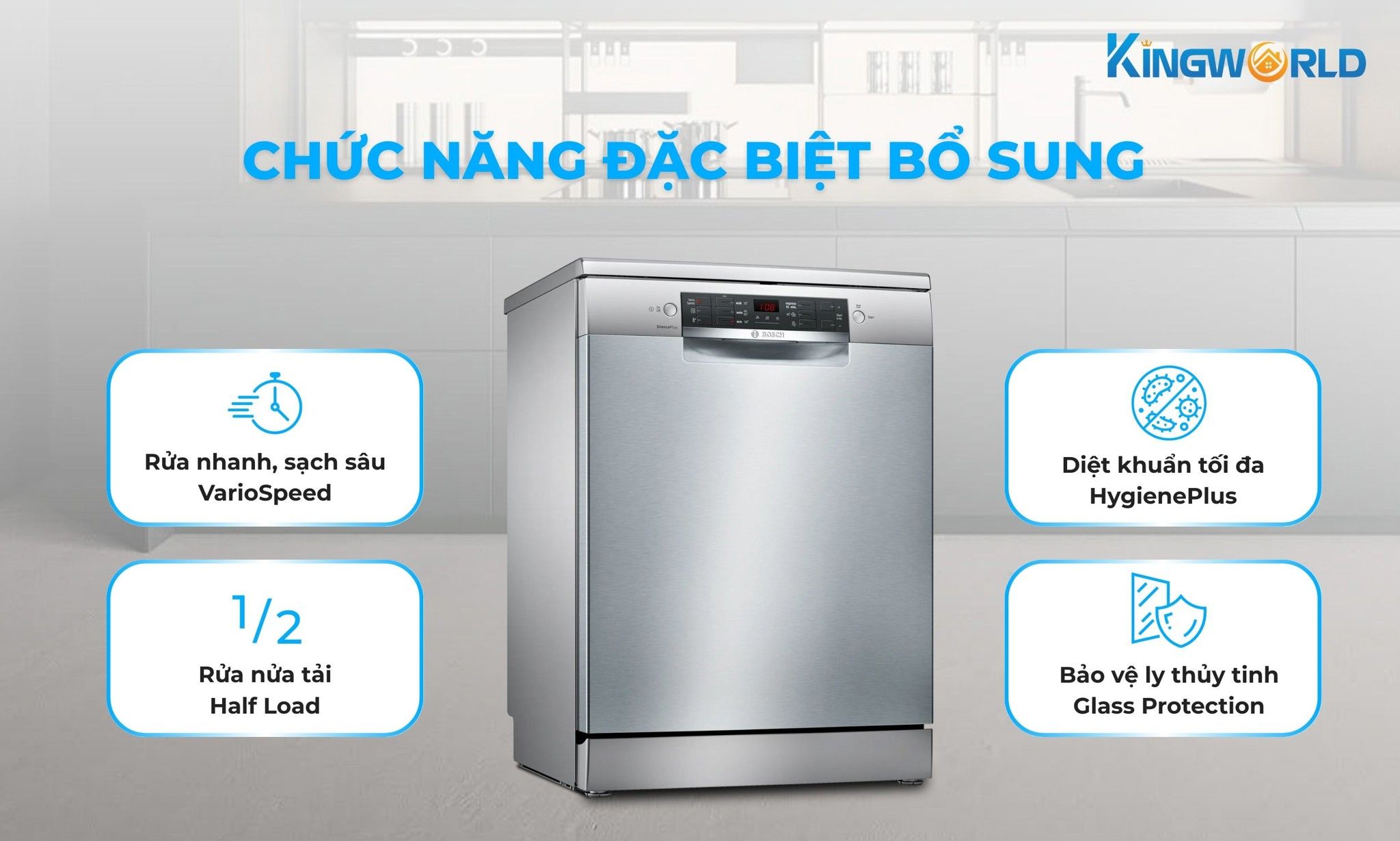 Bosch SMS46GI01P hỗ trợ người dùng với nhiều tính năng hiện đại
