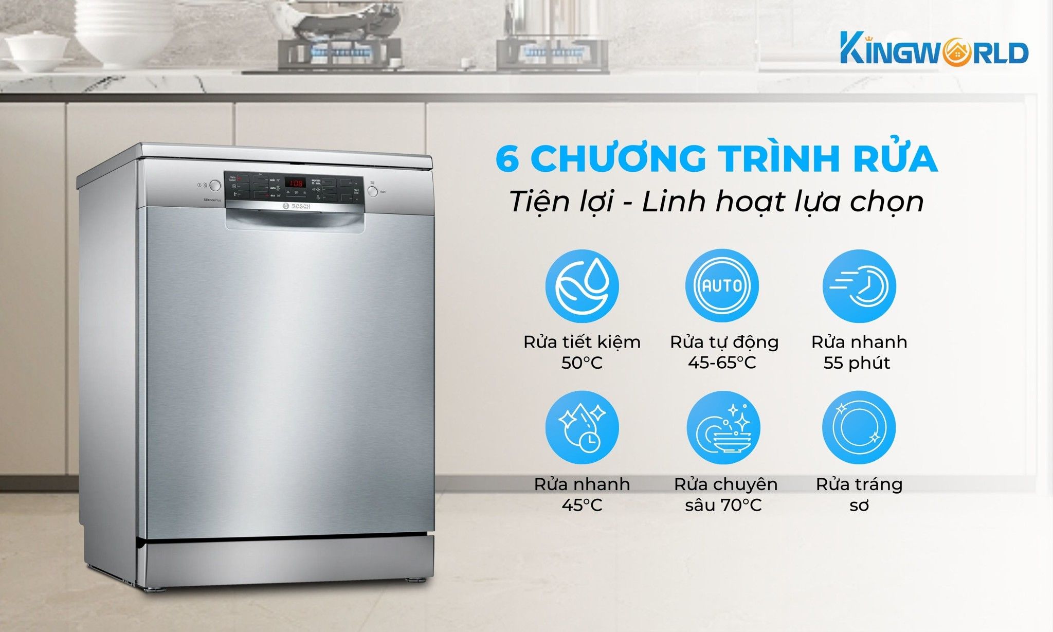 Bosch SMS46GI01P tích hợp 6 chương trình rửa tiện lợi