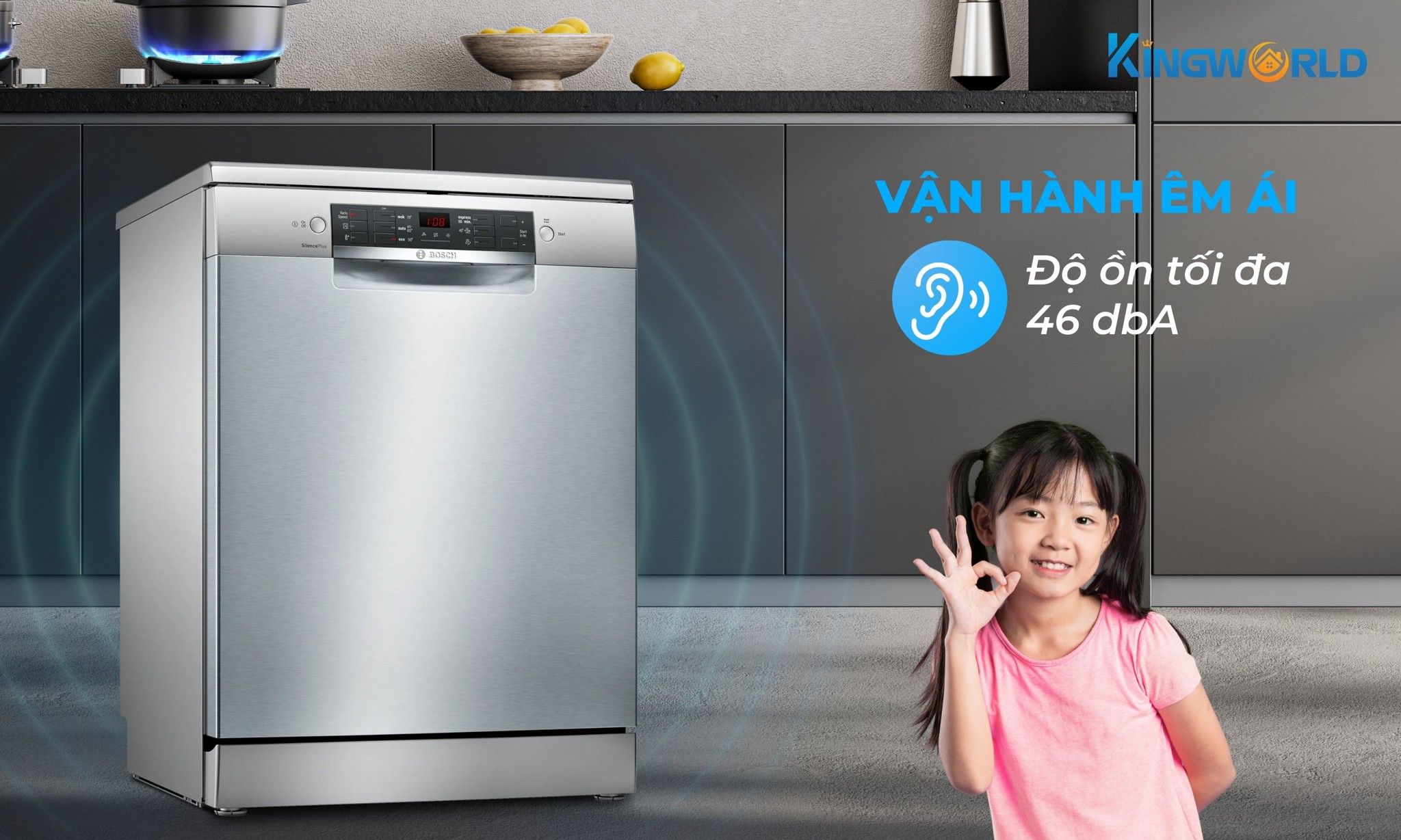 Bosch SMS46GI01P hoạt động với độ ồn thấp