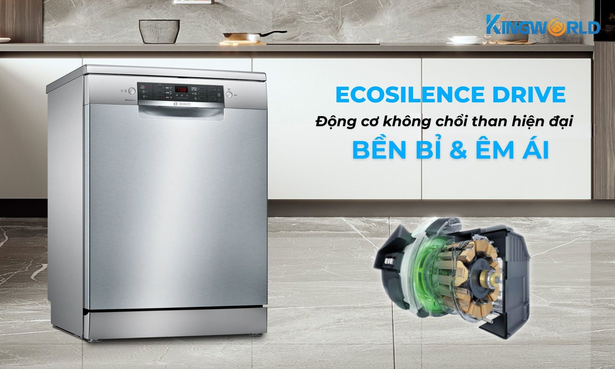 Bosch SMS46GI01P trang bị động cơ chổi than hiện đại, êm ái