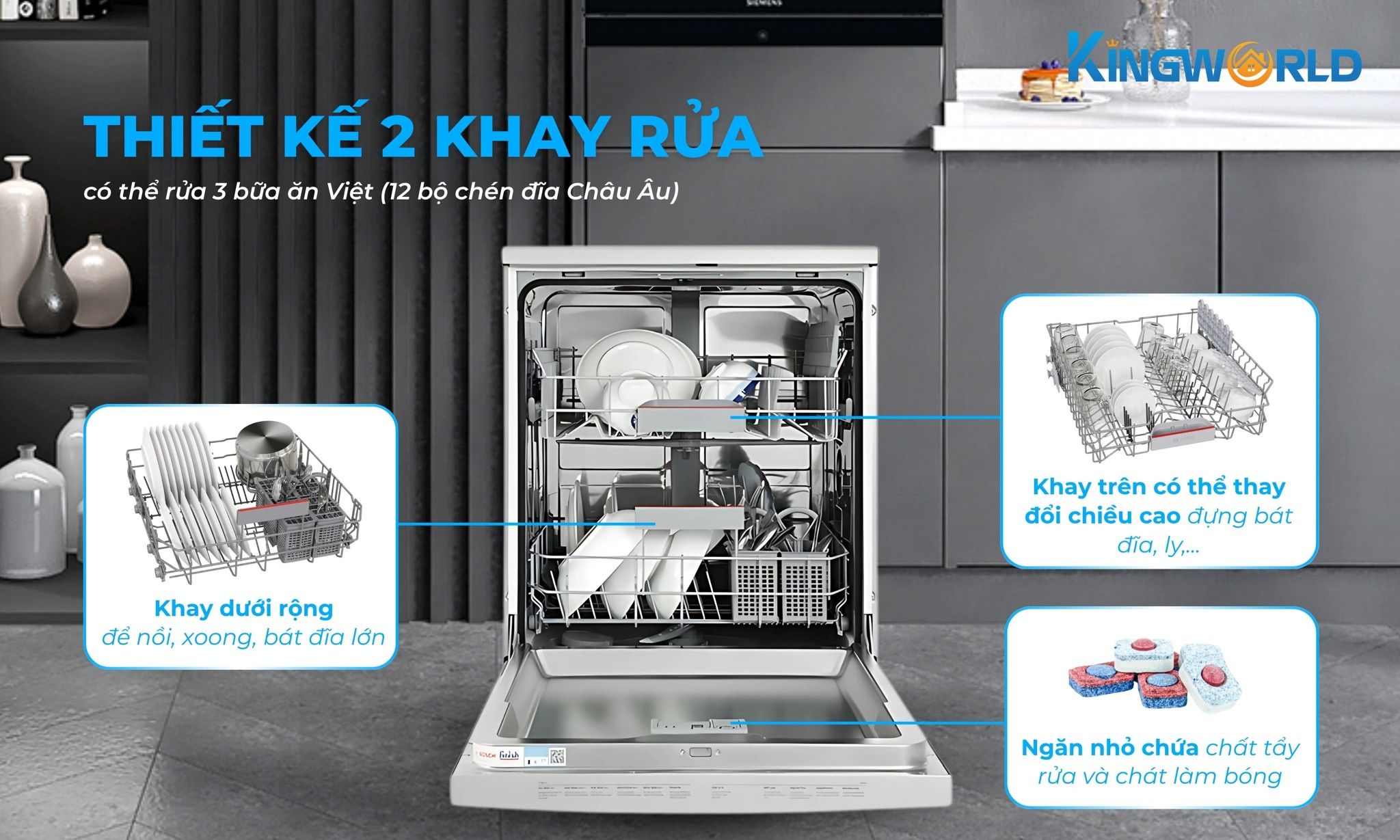 Bosch SMS4IVI01P thiết kế 2 khay rửa rộng rãi