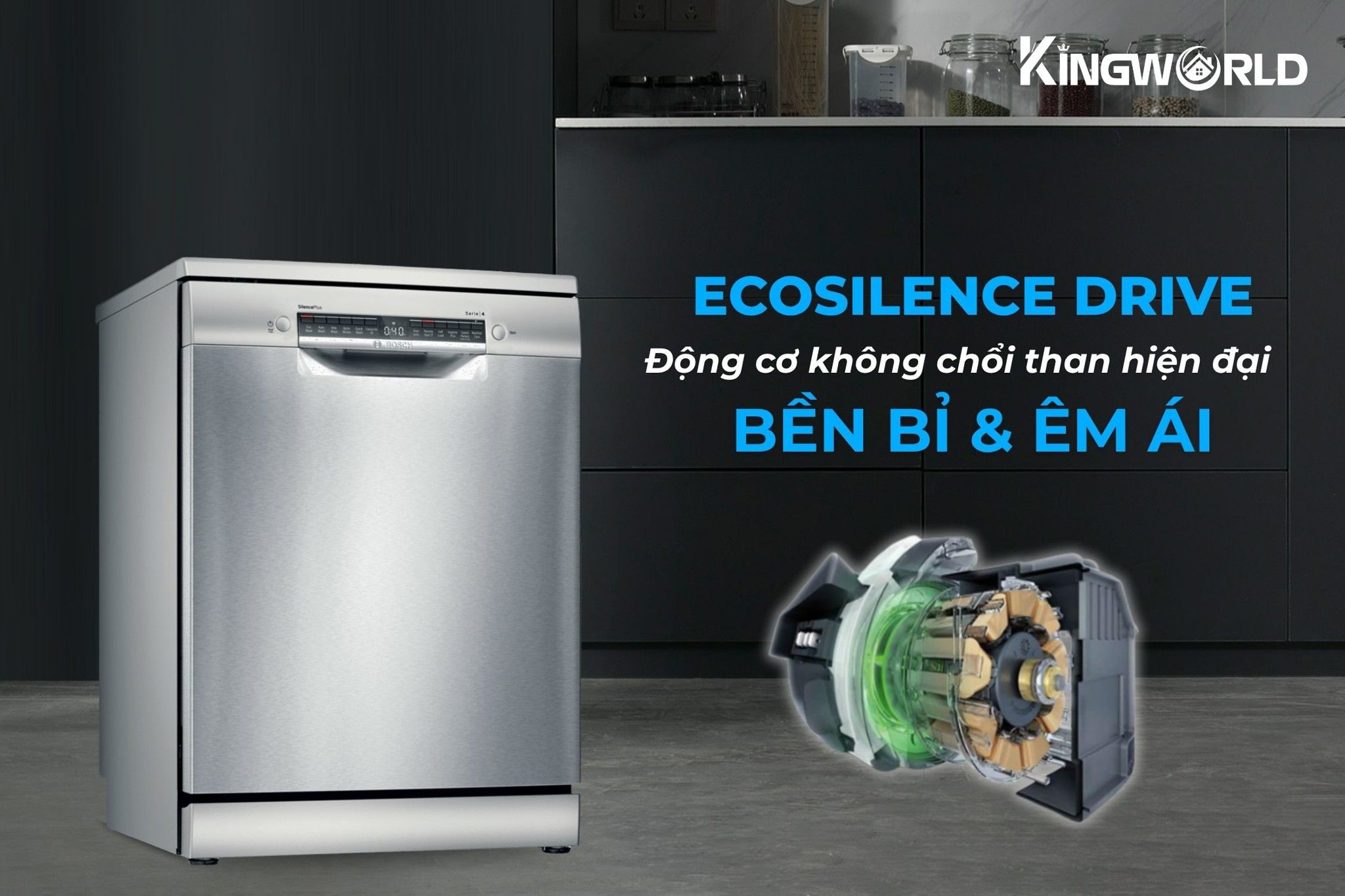 Bosch SMS4IVI01P hoạt động với động cơ không chổi than mạnh mẽ