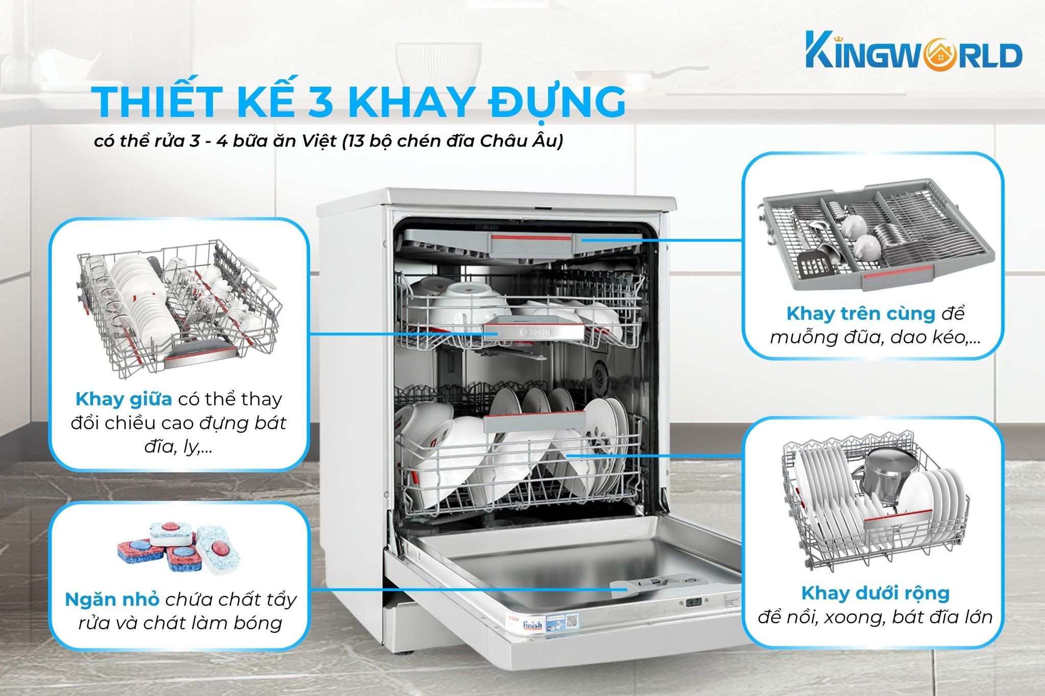 Bosch SMS6ECI93E thiết kế 3 khay rửa rộng rãi