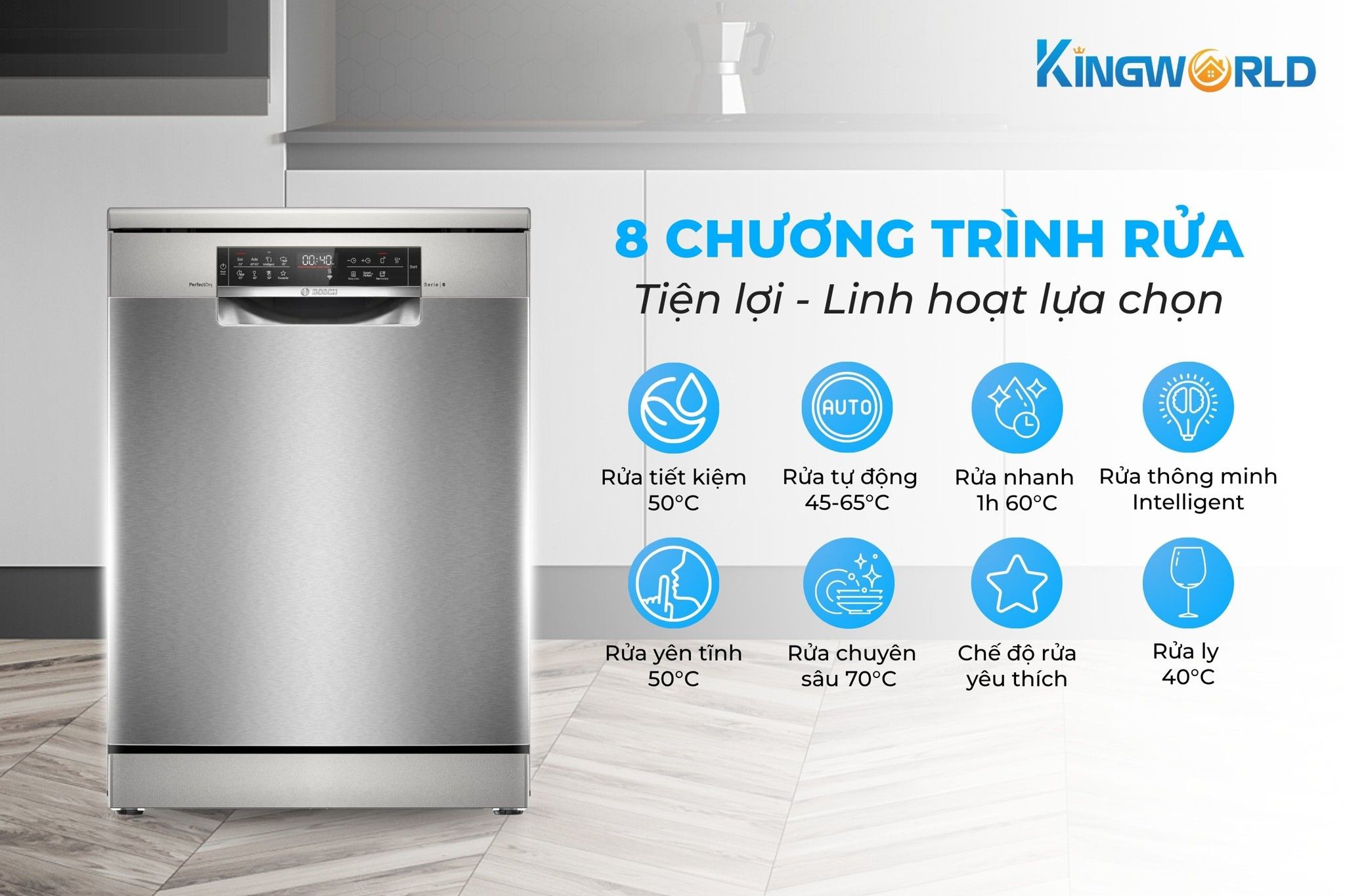 Máy rửa chén&nbsp;Bosch SMS6ZCI16E tích hợp 8 chương trình rửa hiện đại