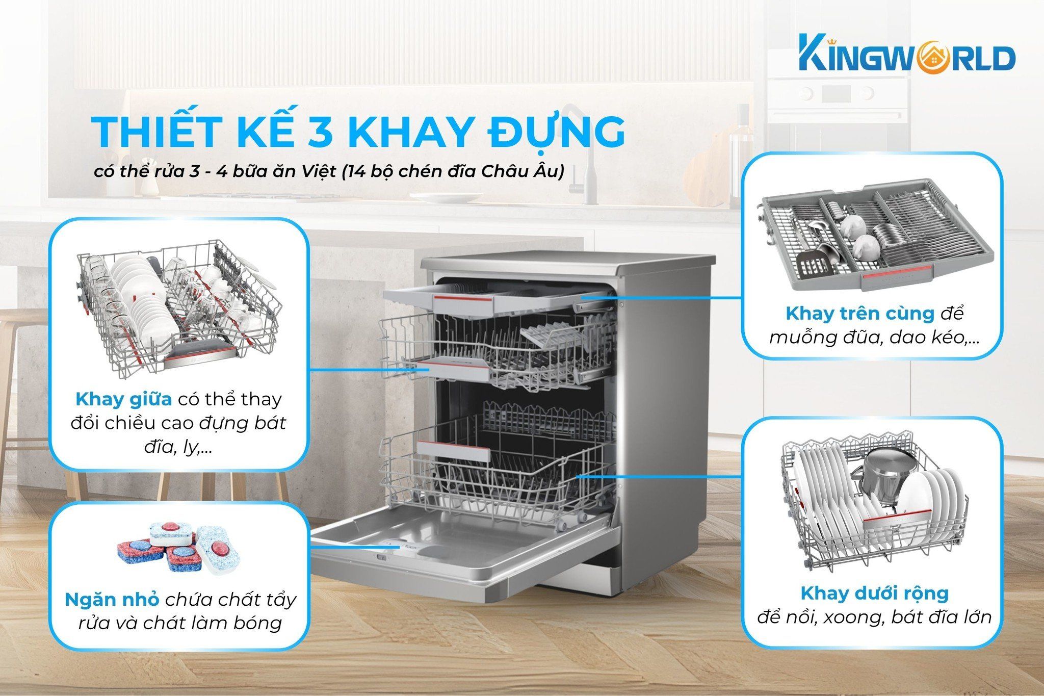 Bosch SMS6ZCI16E thiết kế 3 khay rửa tiện lợi, rộng rãi