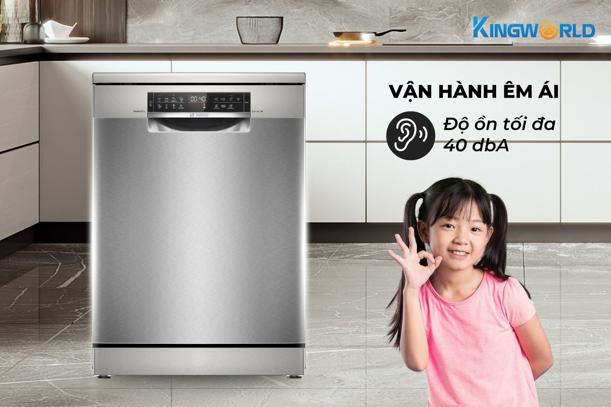 Bosch SMS6ZCI16E vận hành êm ái với độ ồn chỉ 40dB