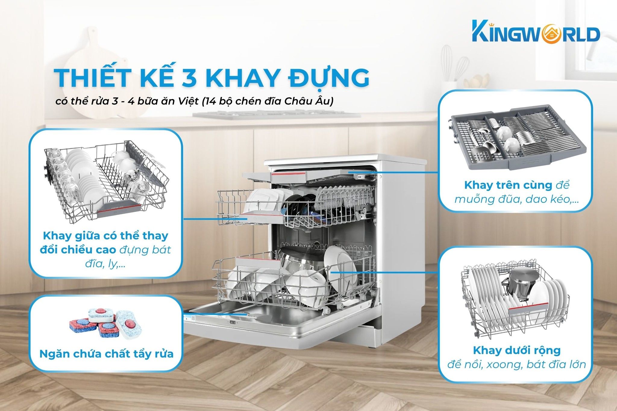 Sản phẩm được thiết kế với 3 giàn rửa riêng biệt