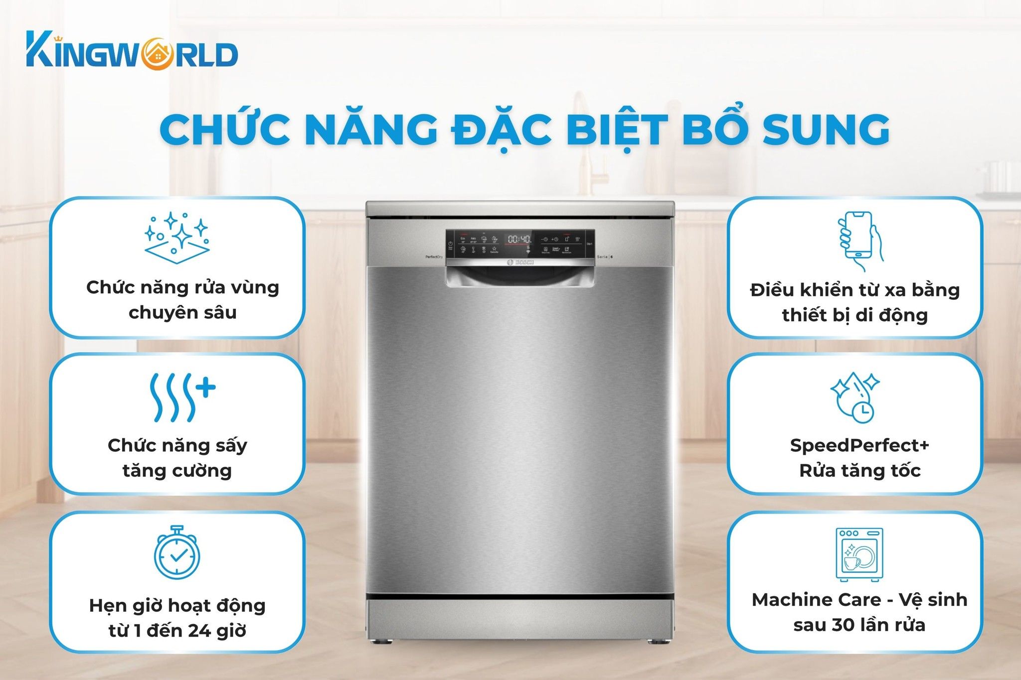 Bosch SMS6ZCI49E trang bị nhiều tính năng nổi bật, hỗ trợ quá trình rửa