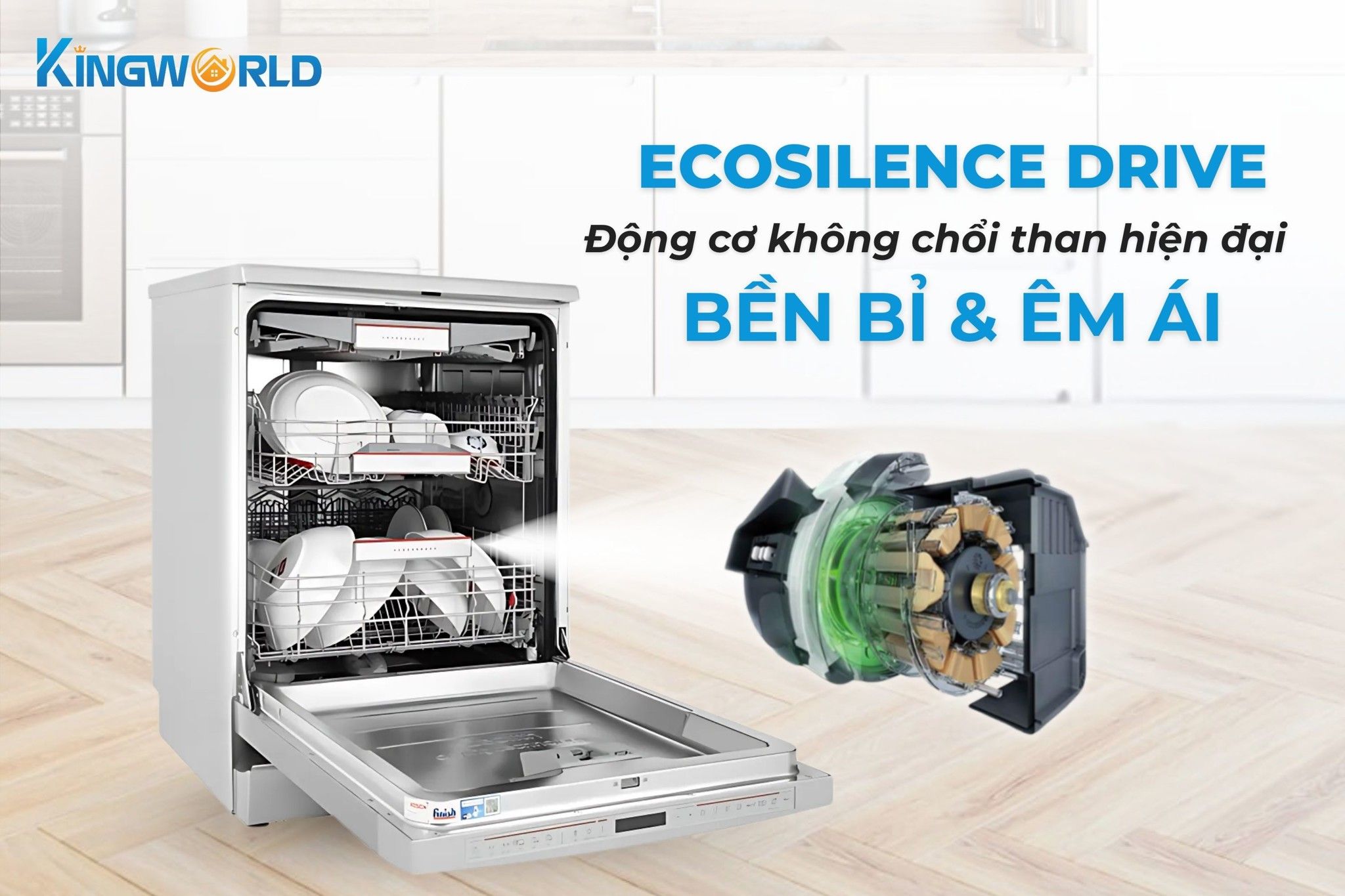 Bosch SMS8YCI01E trang bị động cơ EcoSilence Drive giúp máy hoạt động êm ái và tiết kiệm điện năng