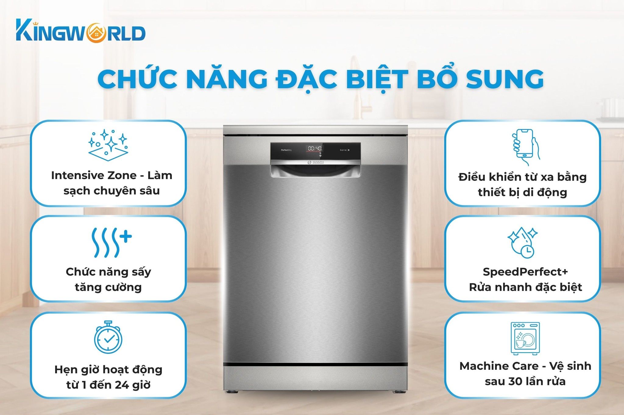 Máy rửa bát Bosch SMS8YCI01E còn tích hợp thêm nhiều tính năng đặc biệt