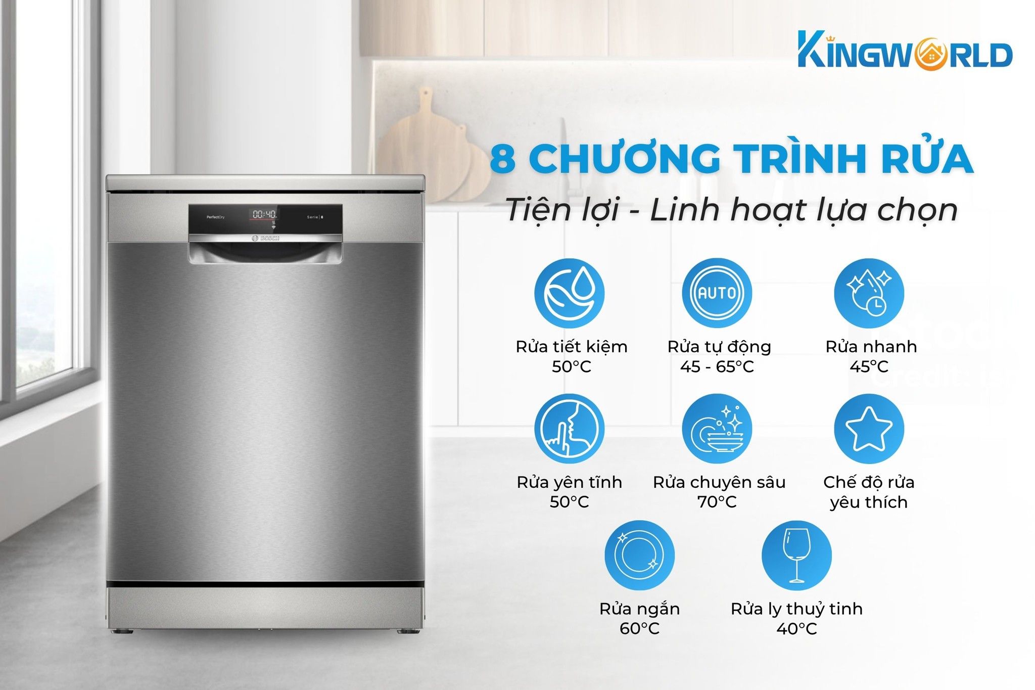 Máy rửa bát Bosch SMS8YCI01E sở hữu 8 chương trình rửa đa dạng