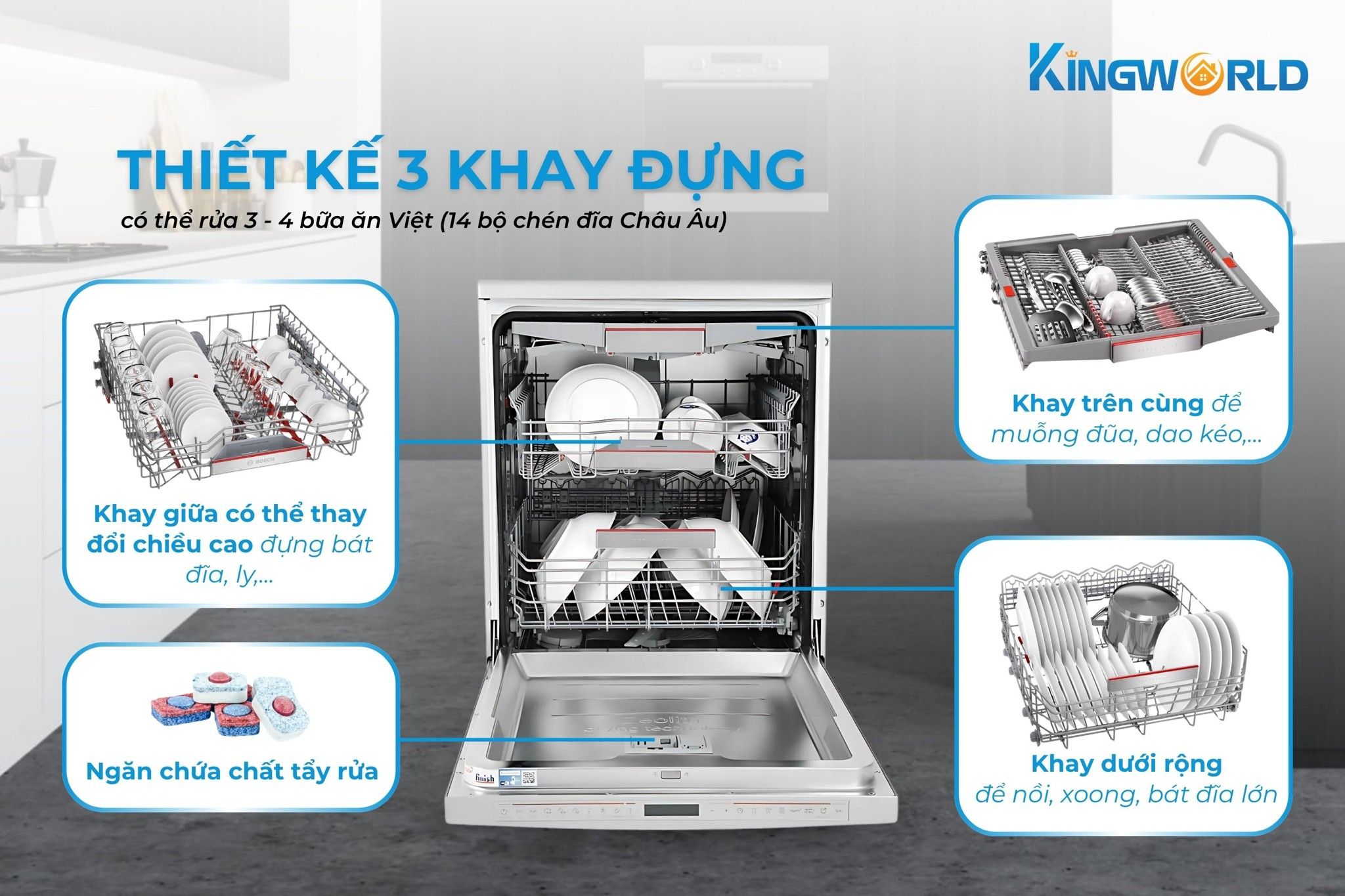 Bosch SMS8YCI03E có khả năng xử lý lên đến 14 bộ chén đĩa
