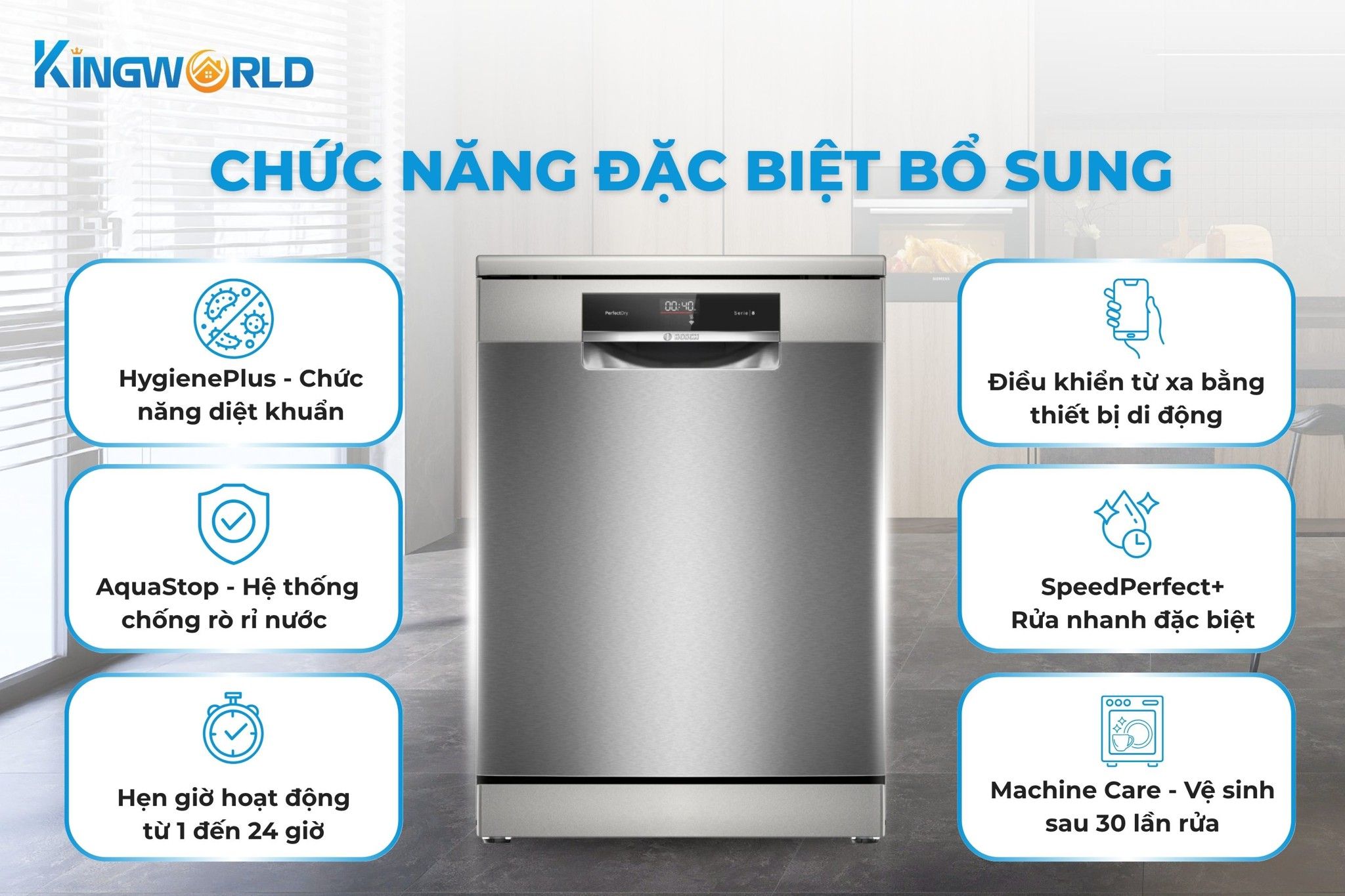 Ngoài ra máy rửa chén còn tích hợp thêm nhiều chức năng thông minh khác