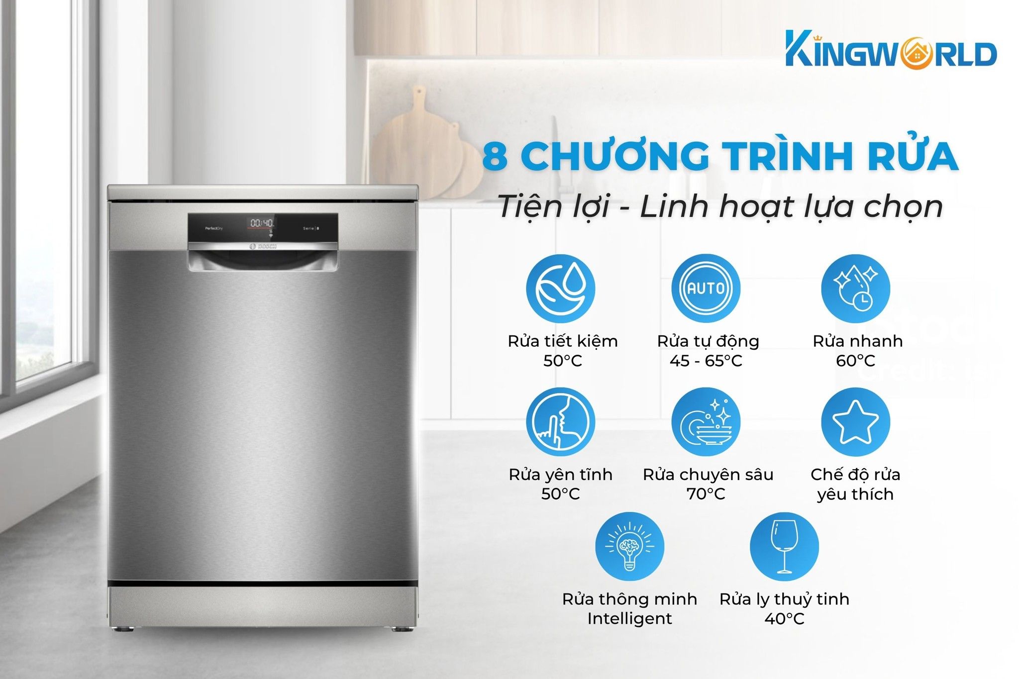 Máy rửa bát Bosch SMS8YCI03E trang bị 8 chương trình rửa thông minh