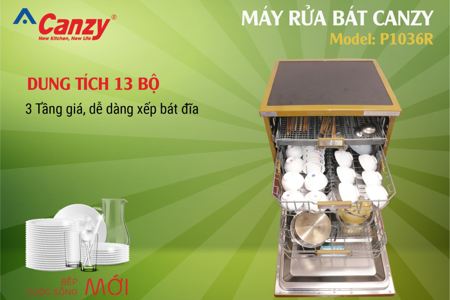 Máy rửa bát Canzy CZ-P1036R có sức chứa lên đến 13 bộ chén dĩa