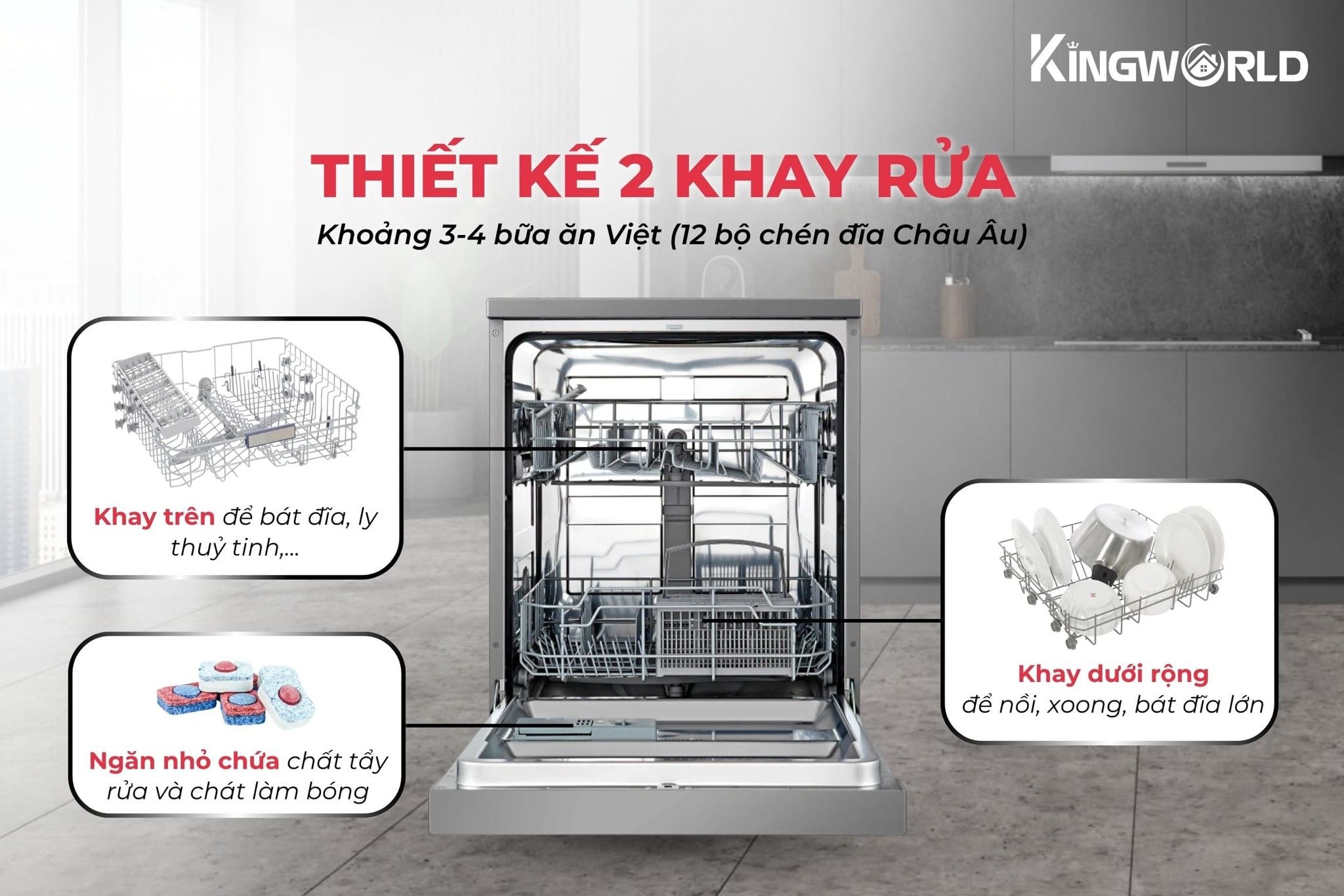 Hafele HDW-F60G thiết kế 2 khay rửa rộng rãi