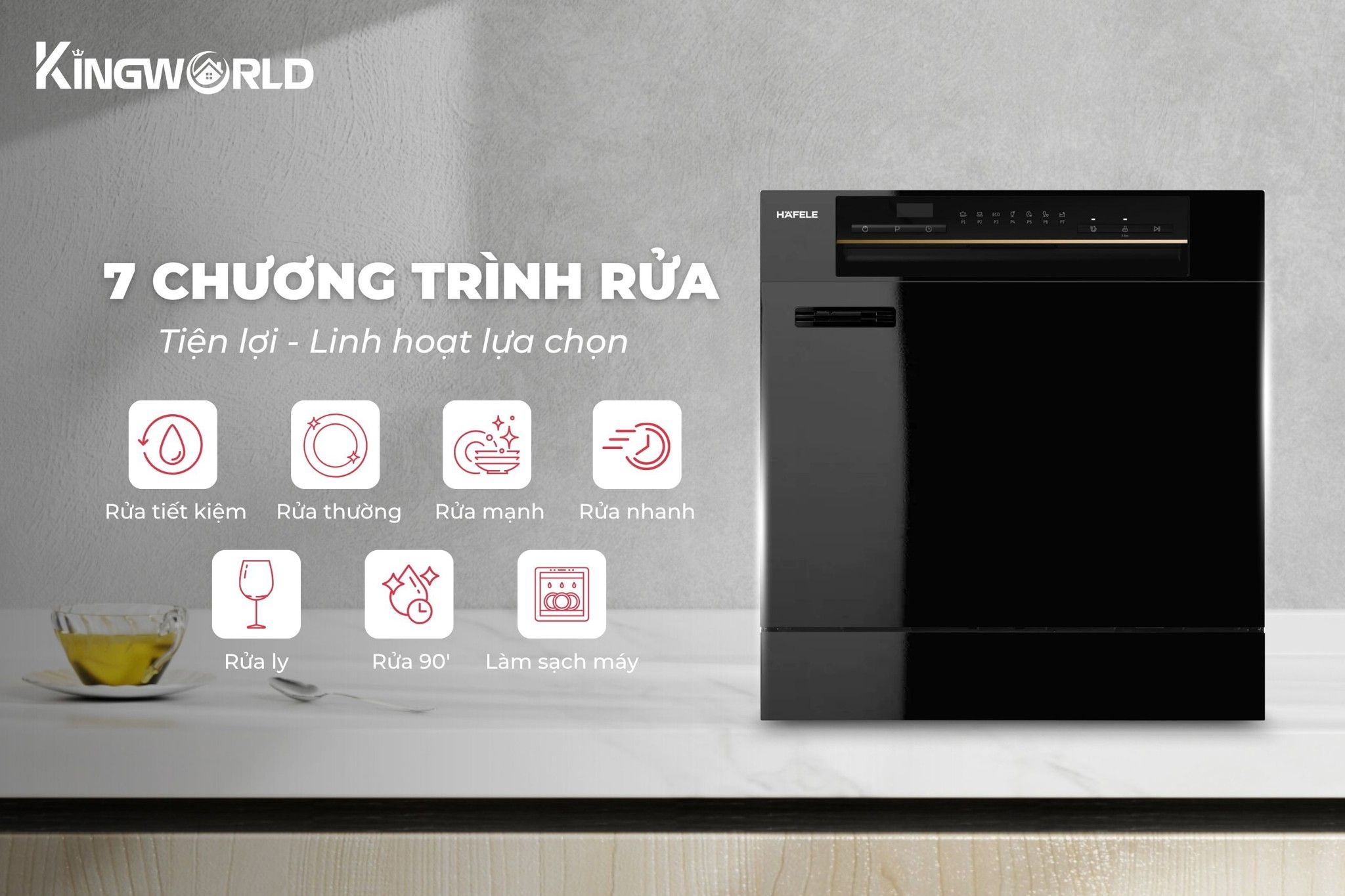 Hafele HDW-T5551B 538.21.340 trang bị 7 chương trình rửa hiện đại