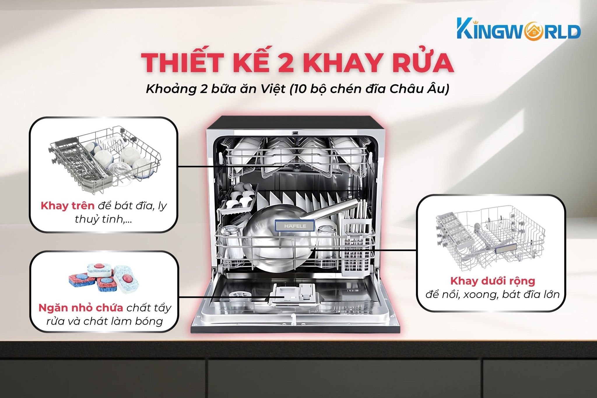 Hafele HDW-T5551B 538.21.340 thiết kế 2 khay rửa rộng rãi