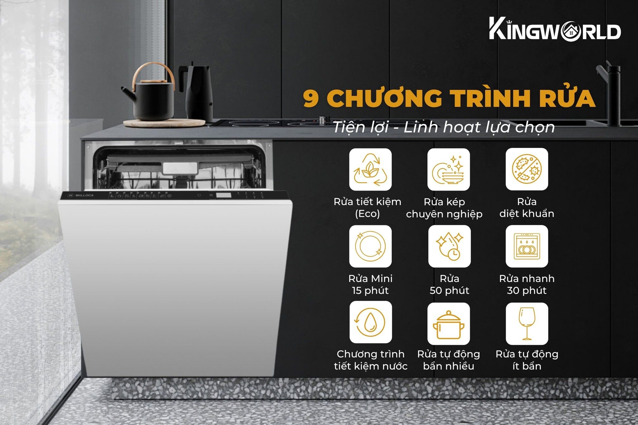 Malloca MDW14-B09FI trang bị 9 chương trình rửa tiện lợi