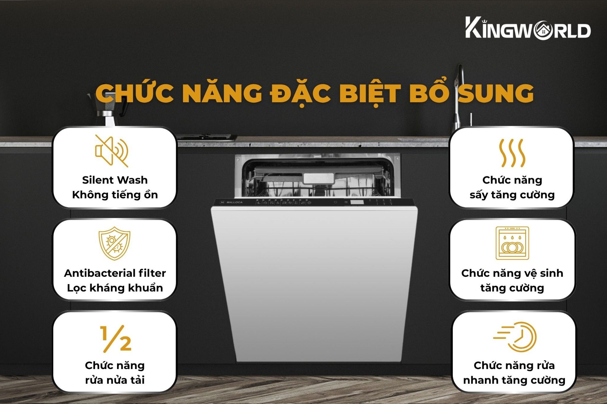 Malloca MDW14-B09FI trang bị thêm các chức năng hỗ trợ rửa nâng cao
