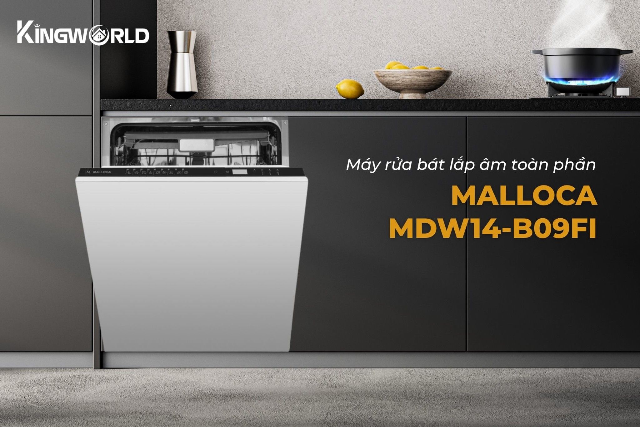 Máy rửa chén Malloca MDW14-B09FI thiết kế lắp âm toàn phầm