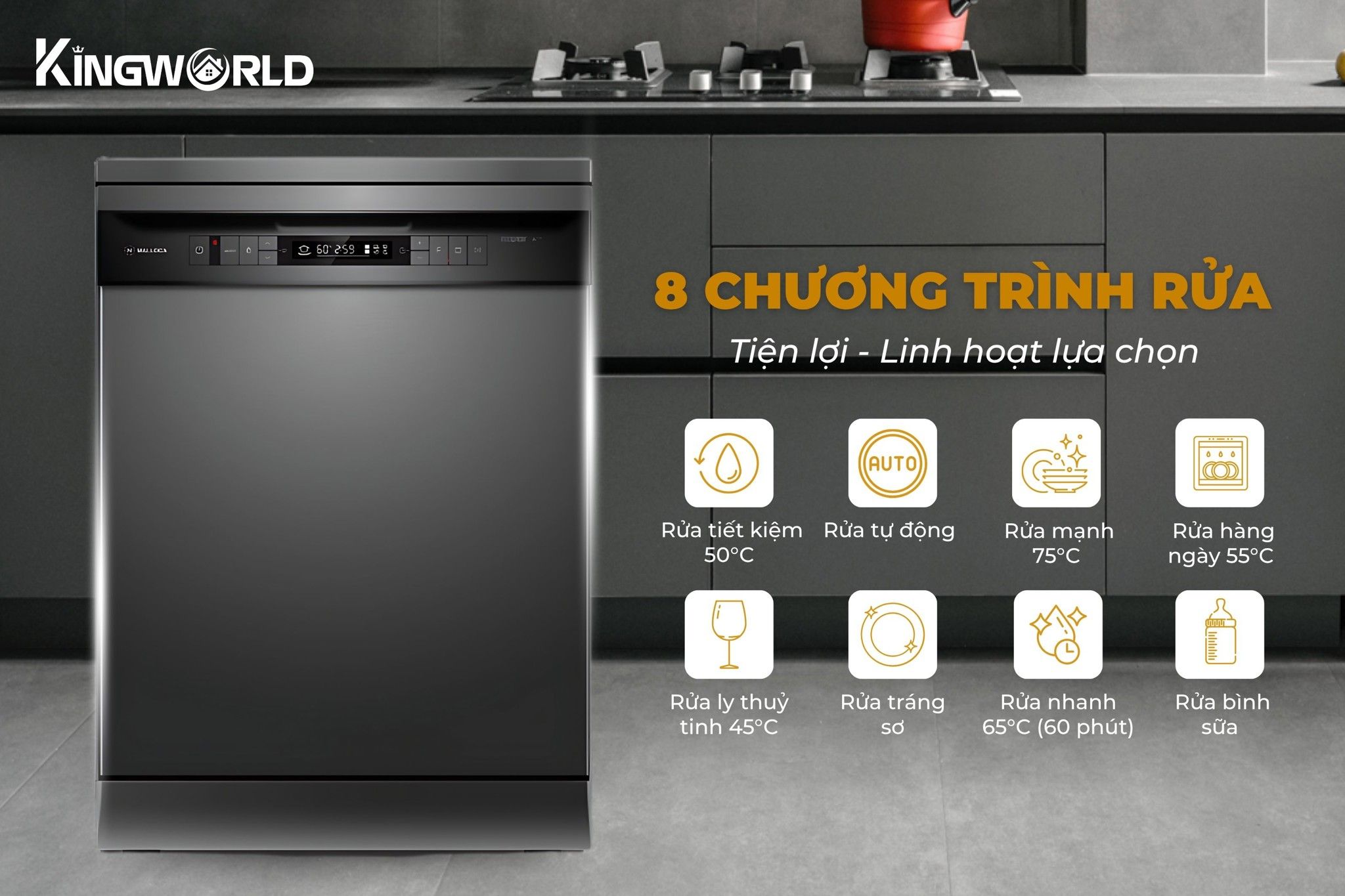 Malloca WQP12-7635BS được trang bị 8 chương trình rửa đa dạng
