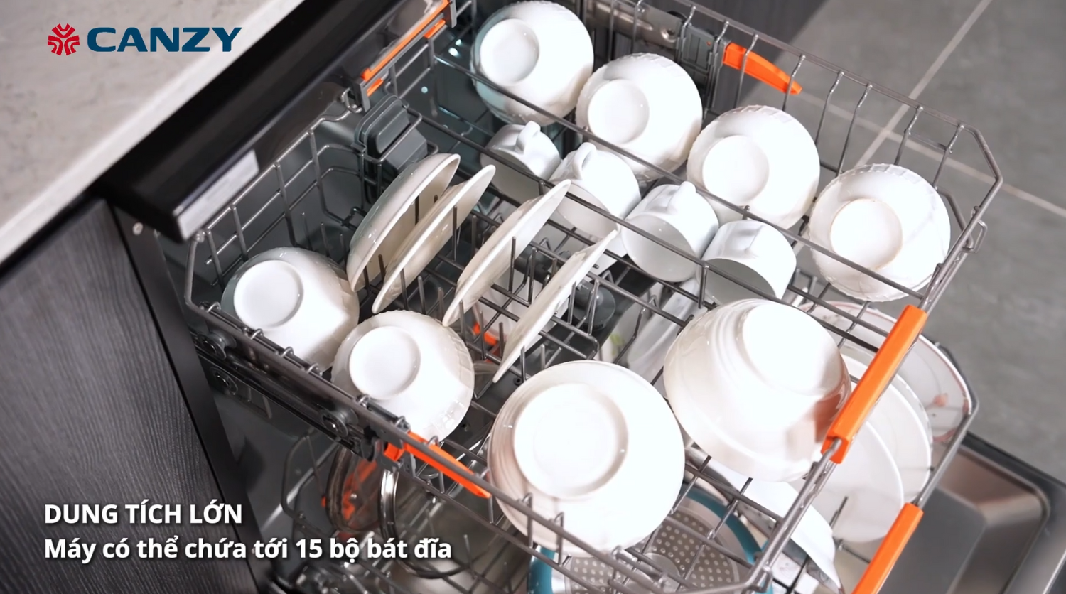 Máy rửa bát Canzy DSW809EU có sức chứa 15 bộ bát đĩa, ngăn chứa nâng hạ linh hoạt