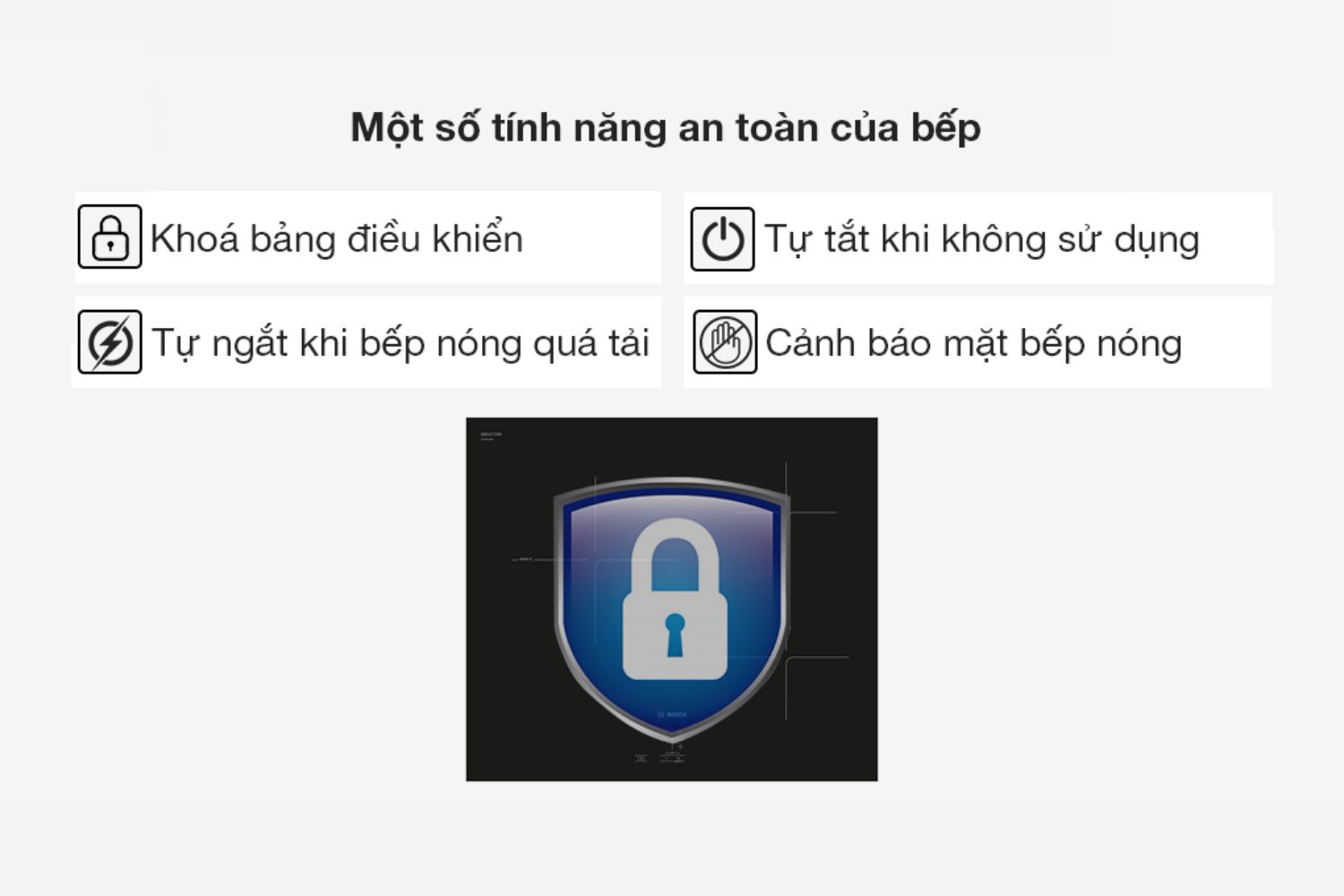 tính năng an toàn bếp từ 3 vùng nấu Bosch PUC61KAA5E