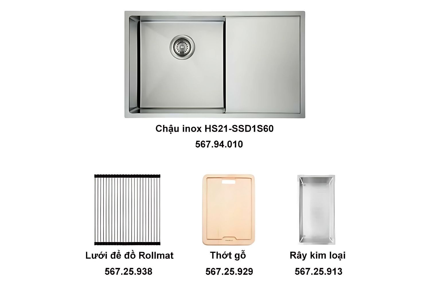 Trọn bộ sản phẩm gồm 1 chậu rửa kèm theo 3 món phụ kiện tương thích tuyệt đối