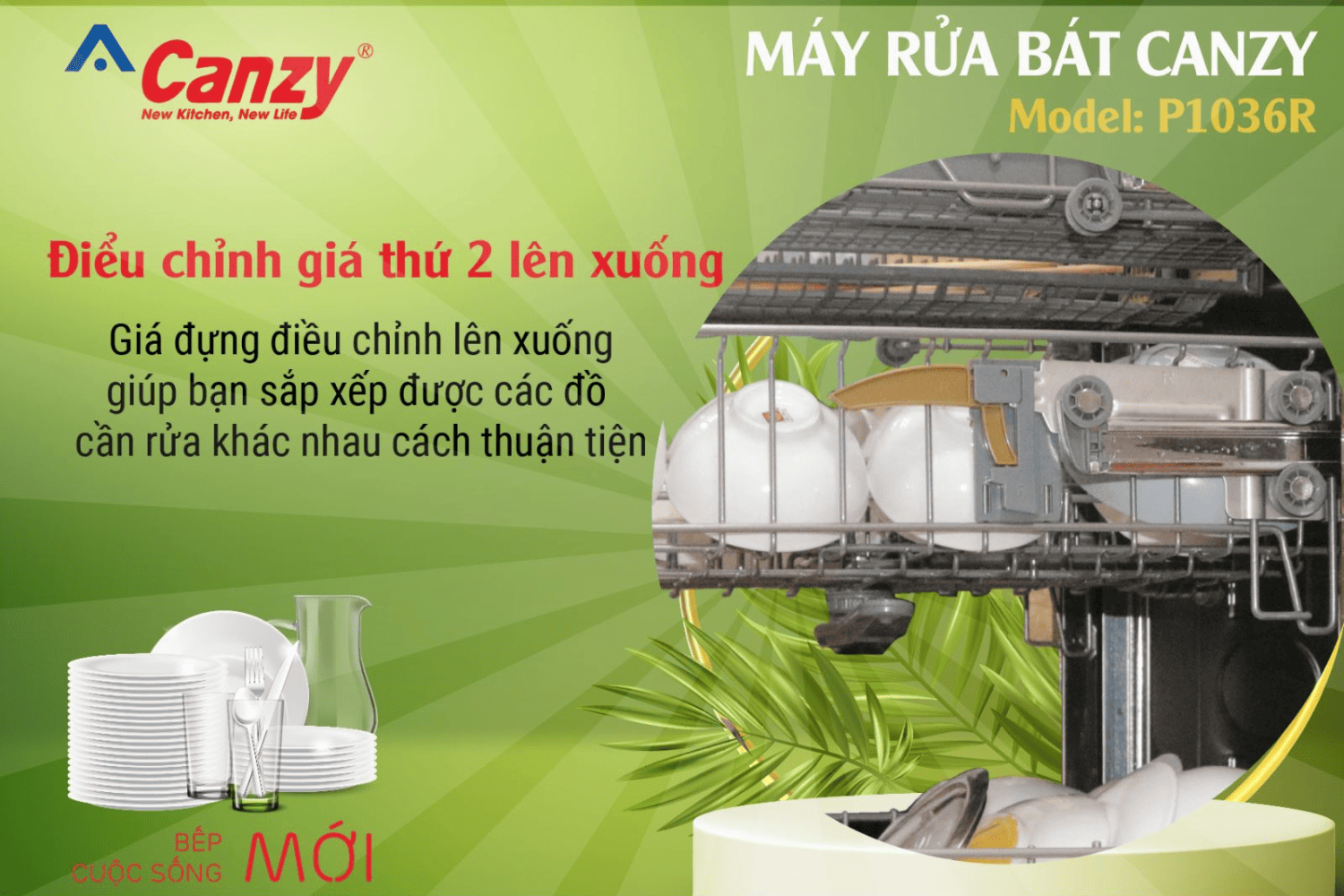 Máy rửa bát Canzy CZ-P1036R có thể điều chỉnh giàn lên 2 lên xuống tiện lợi