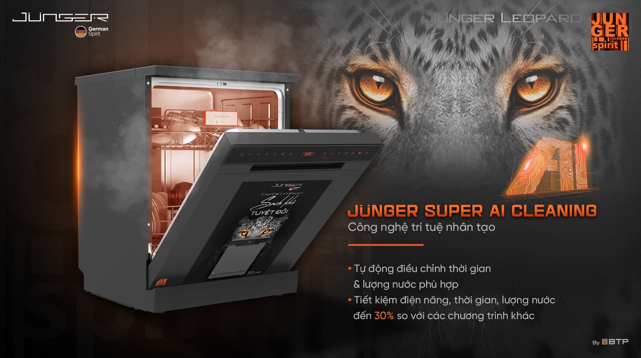 Công nghệ Junger Super AI Cleaning tự động điều chỉnh thời gian và lượng nước rửa phù hợp giúp tiết kiệm điện năng, thời gian và lượng nước.
