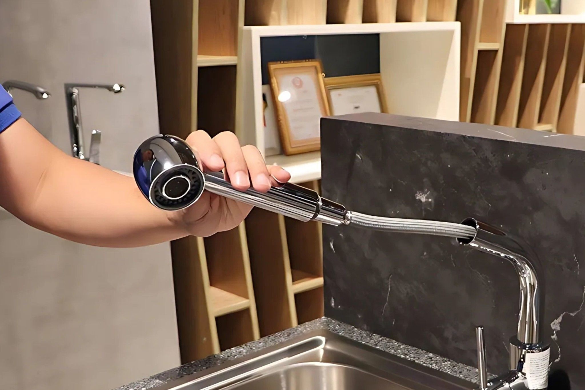 Vòi rửa bát dây rút Malloca K119N9 được thiết kế với cơ chế nước nóng – lạnh