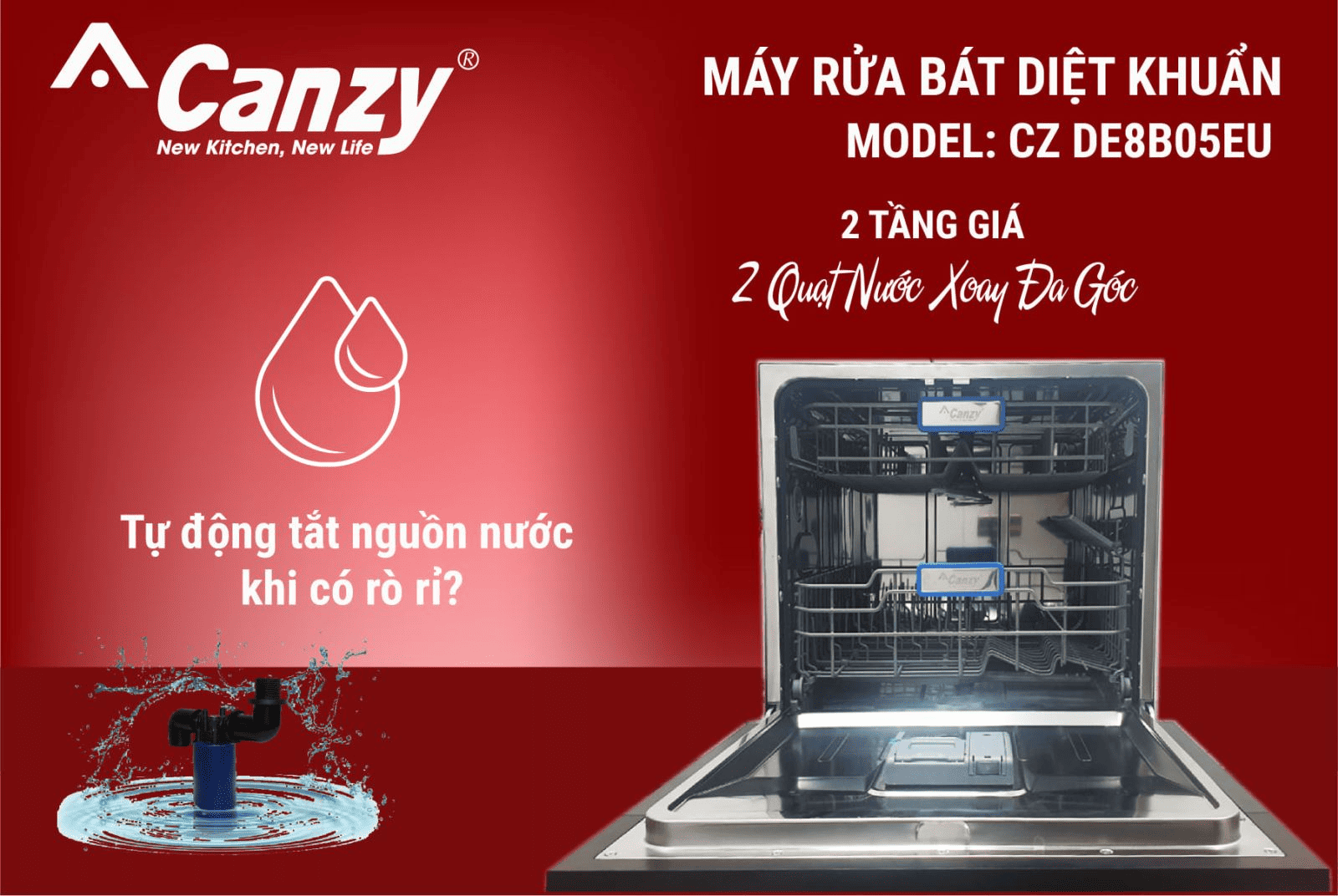 Máy rửa bát 8 bộ Canzy CZ DE8B05EU tích hợp chức năng ngừng hoạt động khi phát hiện rò rỉ nước