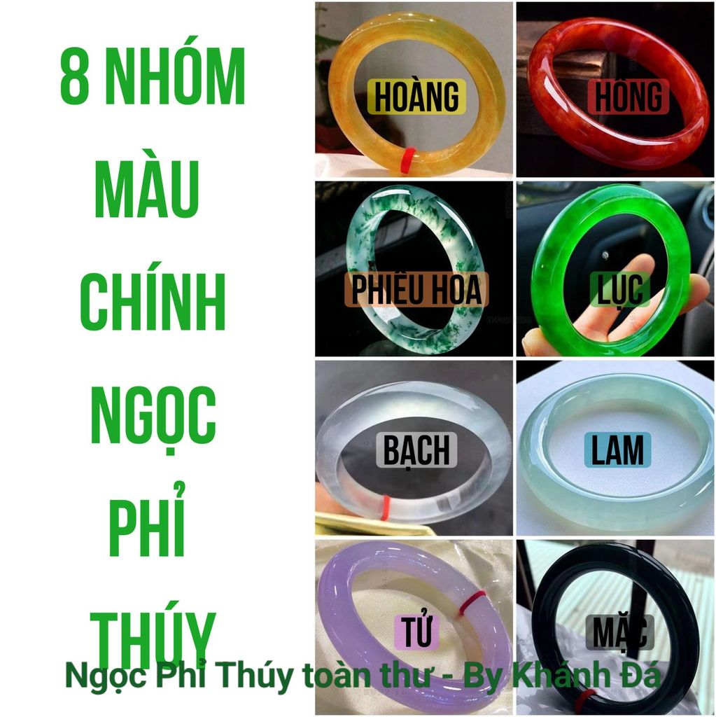 Ngọc Phỉ Thúy được chia thành 8 nhóm màu chính: LỤC, HỒNG, HOÀNG, BẠCH, TỬ, LAM, MẶC, và PHIÊU HOA (Hoa bay)