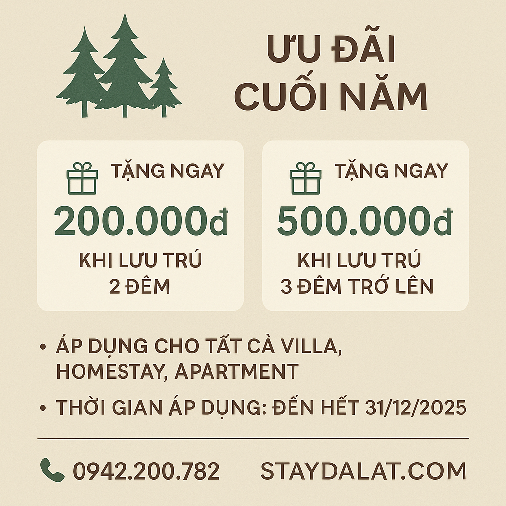 🎁 Ưu Đãi Cuối Năm Từ Stay Dalat: Đặt Sớm – Nhận Ngay Voucher Hấp Dẫn!