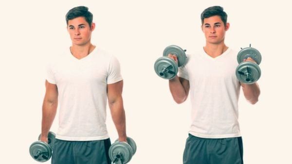Mô tả động tác đứng tập cơ tay trước với tạ đôi