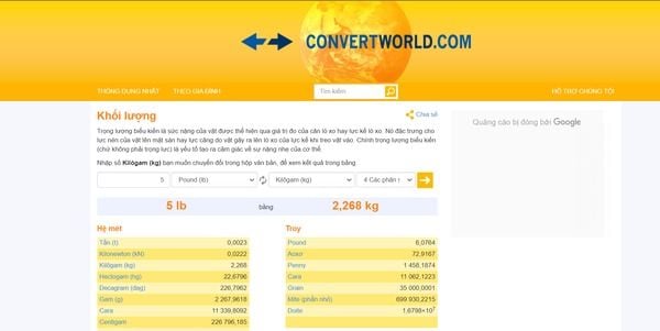 Sử dụng công cụ ConvertWorld để quy đổi từ Lbs sang kg