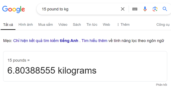 Sử dụng công cụ Google để quy đổi từ Lbs sang kg