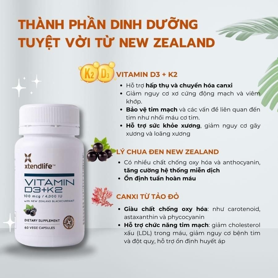 Viên uống bổ khớp, khỏe tim Vitamin D3+K2 XtendLife