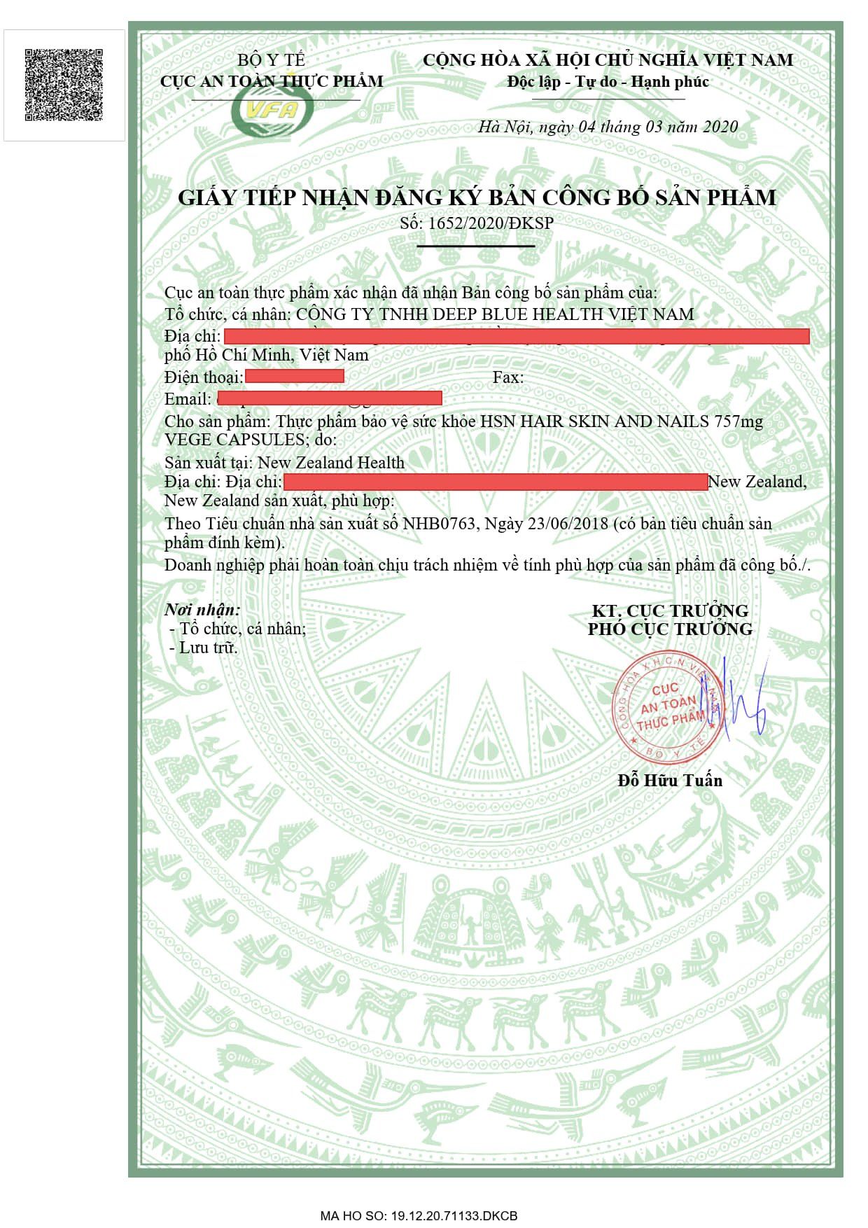 HSN giấy công bố