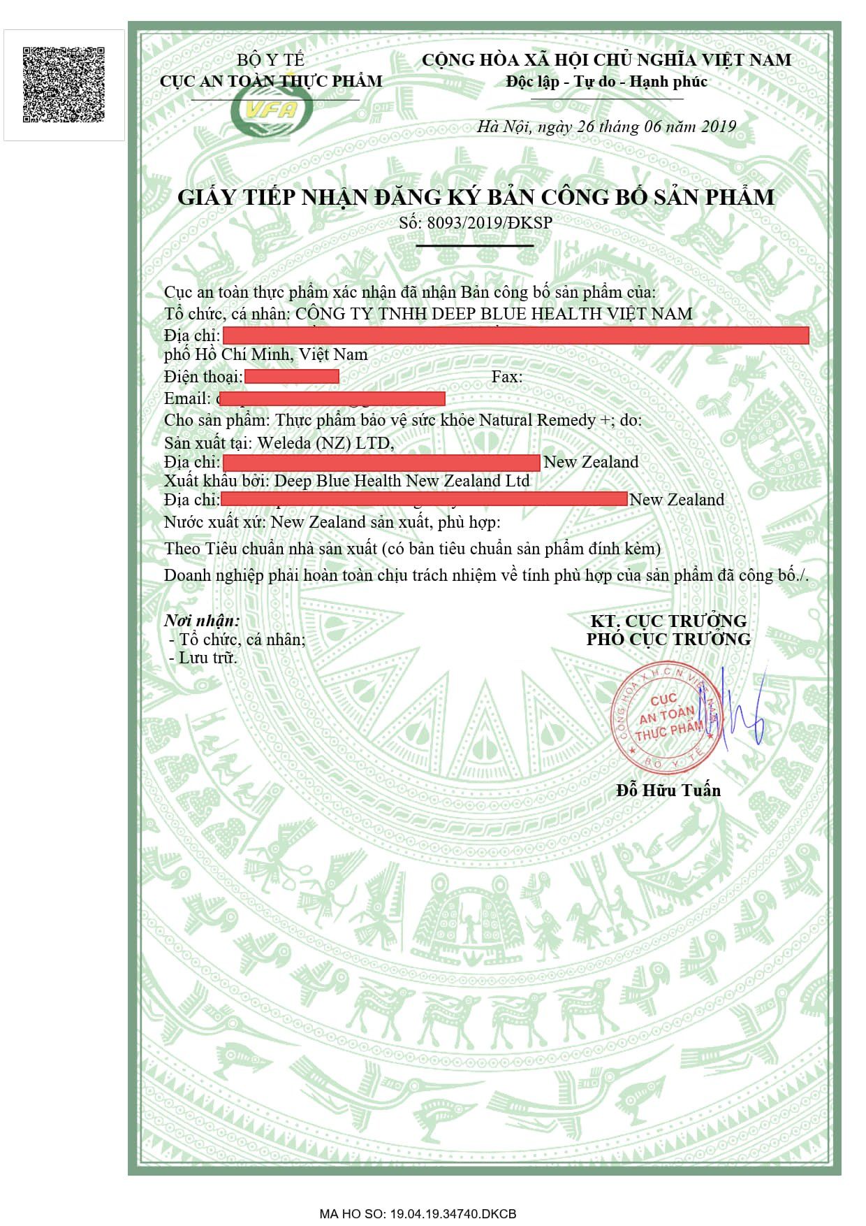 Natural remedy giấy công bố