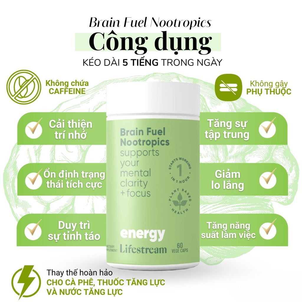 Viên uống tăng cường tập trung, tỉnh táo và năng lượng Lifestream Brain Fuel Nootropics
