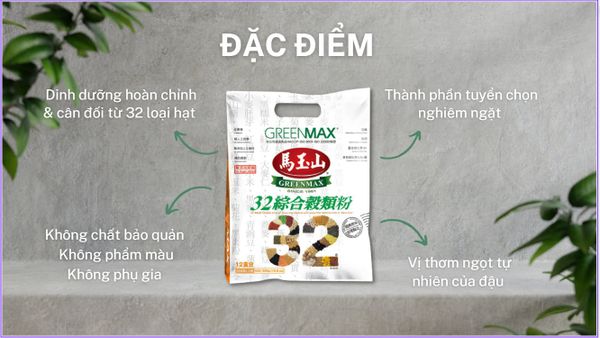 Bột ngũ cốc không đường trừ 32 loại hạt Greenmax Đài Loan.