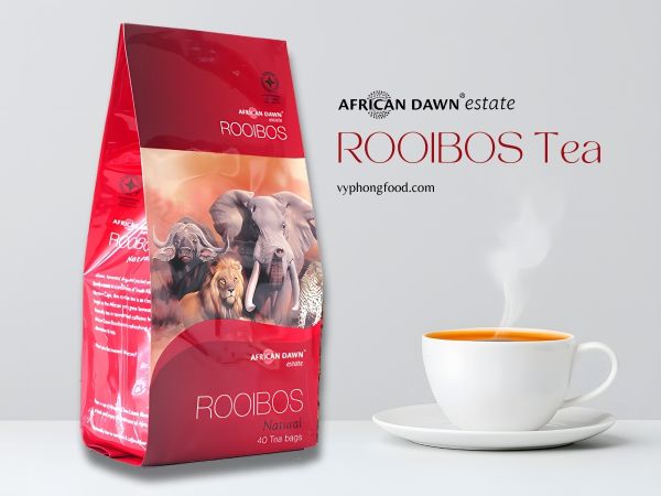 A steaming cup of premium South African Rooibos tea with its rich amber hue, showcasing the natural herbal aroma and antioxidant benefits of this caffeine-free beverage.